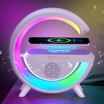 G-Shape LED Table Lamp Wireless Charger & Bluetooth Speaker, Alarm Clock with Music Sync, (White)