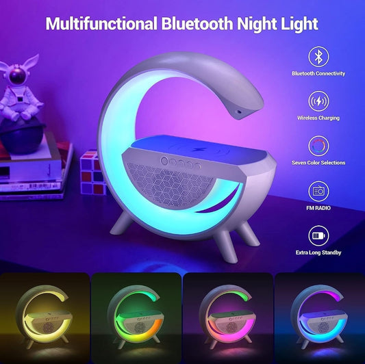 G-Shape LED Table Lamp Wireless Charger & Bluetooth Speaker, Alarm Clock with Music Sync, (White)