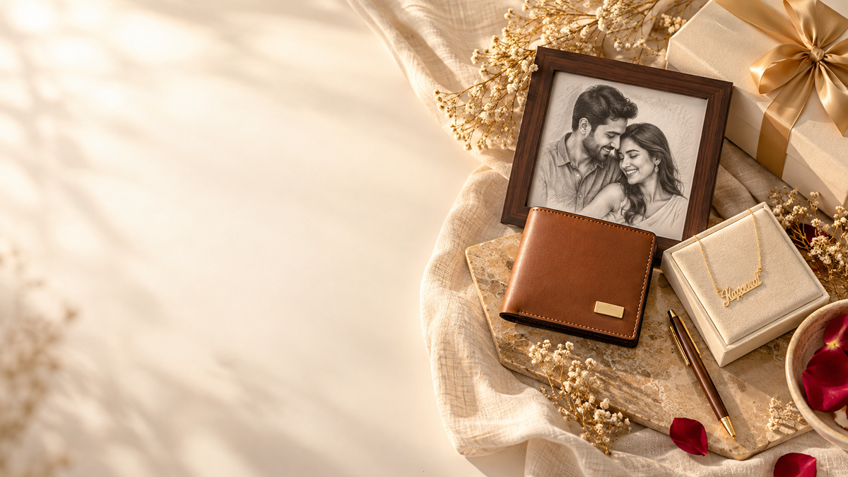 Personalised gifts: sketch wallet, portrait frame, name necklace and gift box