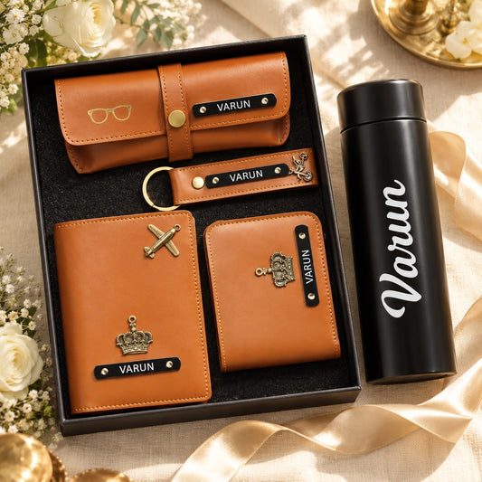 Personalised luxurious leather gift set in a gift box